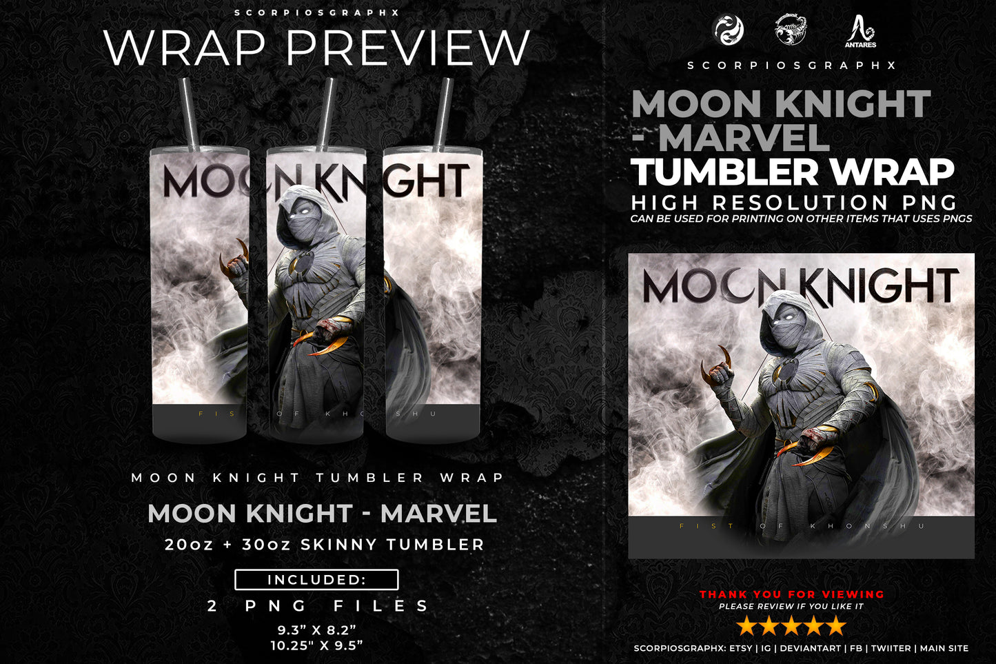 Moon Knight Marvel PNG | Sublimation | Tumbler Wrap Design | Digital Download